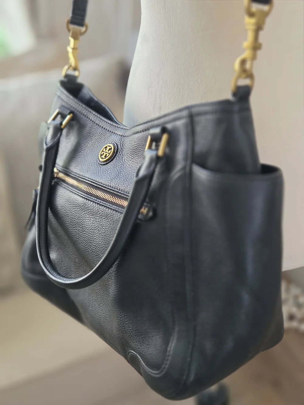 Tory Burch Black Pebbled Leather Shoulder Bag with Gold Hardware